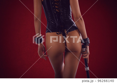 Naked Girl Mistress Dominant Masked Bunny With Leather Whip For