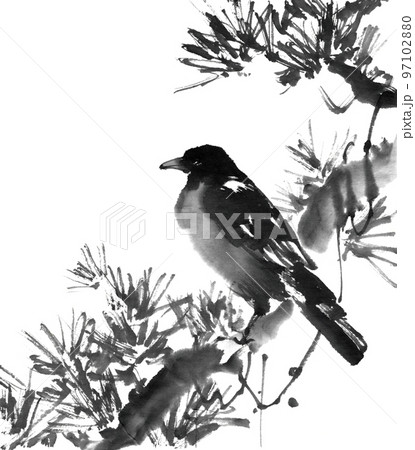 カラス 鳥 水墨画 墨絵のイラスト素材 - PIXTA