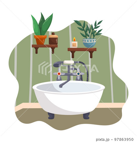 a bath tub filled with lots of candles next to a sink filled with flowers  and candles next to a bath tub filled with roses and candles. generative ai  Stock Illustration