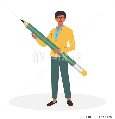 Male student writing or drawing with a huge pencil. Boy character