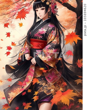 紅葉とたたずむ少女