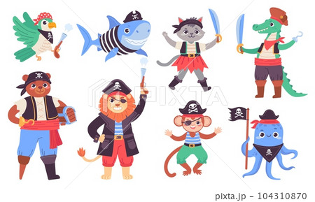 Cute little pirate fox with hook and blindfold. Cartoon animal