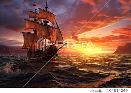 海 船 夕日 帆船の写真素材 - PIXTA