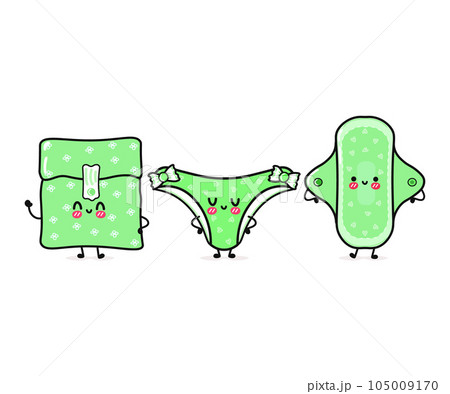 Cute, funny happy pink panties and menstrual pad. Vector hand