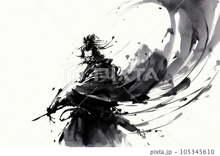 水墨画 侍の絵　絵27✖️24 墨絵。侍1 | 手描き羽水
