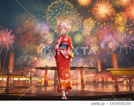 打ち上げ花火を見る若い女性