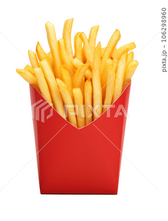 Hand Holding French Fries Red Paper Bag Isolated White Background