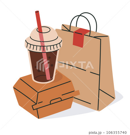 Free Vector  Food boxes, carton bags and cup, disposable takeaway paper  packages for fastfood cafe meals sushi, rolls, pizza or french fries,  coffee and drinks for take away. cartoon illustration, icons