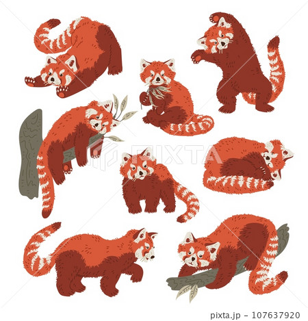 Kawaii panda bears. Cute pandas in various poses. Hand drawn colored vector  seamless pattern. Pink background Stock Vector