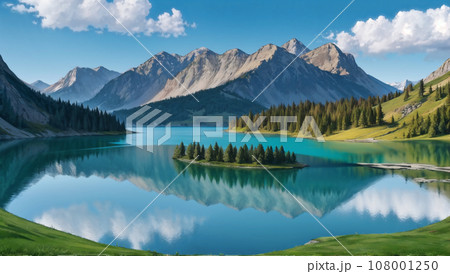 水彩 山 湖 風景の写真素材 - PIXTA