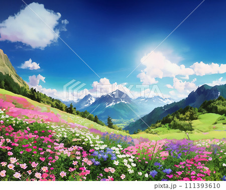 題「花咲く丘」（押し花アート）　 山と花畑の風景 🌸はなまっぷ🌸 * @ukll77 さんの 花のある風景に花まるを