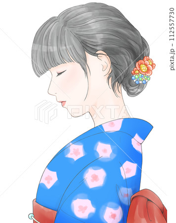 女性 着物 横顔 青のイラスト素材 - PIXTA