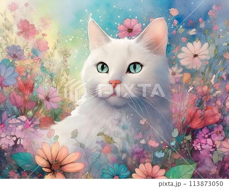 コスモスと猫　シーグラス／天然石／フレームアート／秋桜／原画／ガラス／手描き／花 原画・10cmフレーム付き】「春の窓際」 パステルアート ねこ