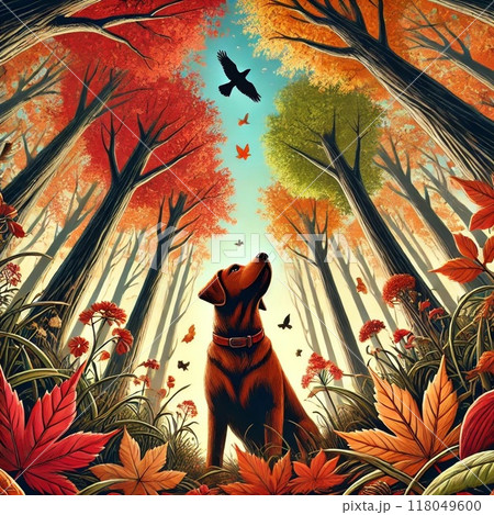 最新作売れ筋が満載 絵 犬と紅葉 題 絵画 - 絵画