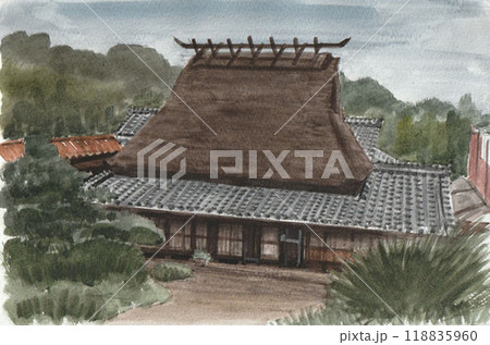 田舎 古民家 茅葺き屋根 水彩画の写真素材 - PIXTA