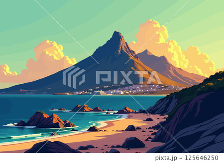 手描き風景画 海と山の風景 手描き風景画 海と山の風景 かぶれる