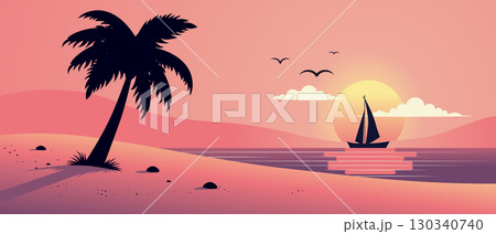 夕焼けビーチ コピック イラスト 原画 ビーチ 海 夕日 夕焼けの