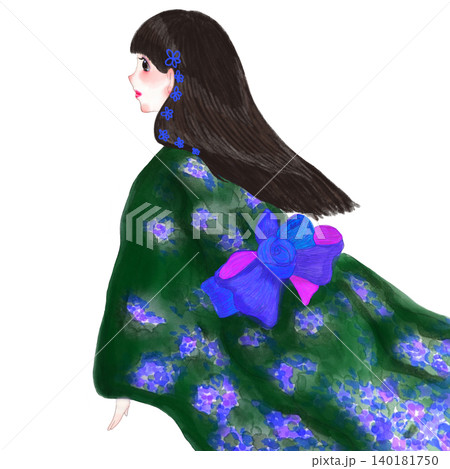女性 着物 横顔 青のイラスト素材 - PIXTA
